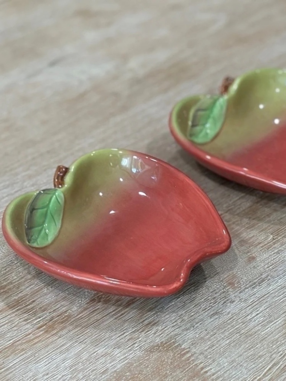 Vintage Y2K Russ Berrie Hand Painted Ceramic Apples Trinket Trays, Set of 2